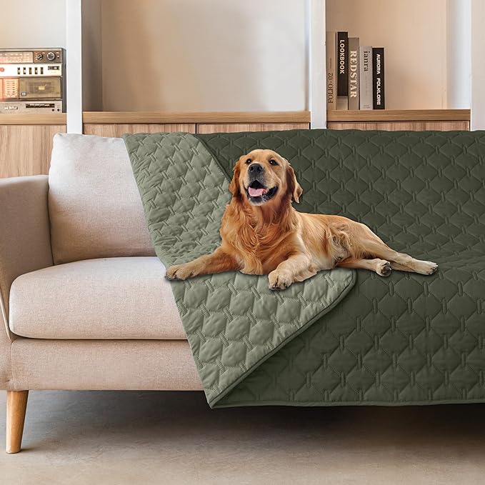 gogobunny 100% Double Sided Waterproof Dog Blanket Soft Pet Bed Cover Reversible Protect Furniture Couch Sofa Car for Puppy Large Dog Cat (Dark Olive/Light Olive, 82x102 Inch (Pack of 1)) by gogobunny