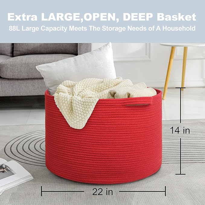 MEGASKET Extra Large Red Basket for Organizing, 22" X 22" X 14" Woven Cotton Rope Bins for Blankets, Baby Nursery Wicker Laundry Basket, Kids Dog Toy Storage Box, Big Red Living Room Decor Organizer - Image 3