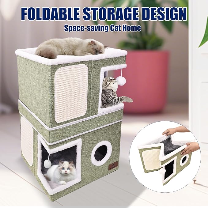 2-Story Cat House for Indoor Cats, Dual-Purpose Cave Bed with Scratch Pad and Fluffy Ball, Foldable Cat Hideaway, Cute Condo Furniture for Multi Small Pet Kitten, Green - Image 7