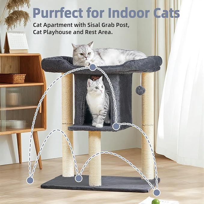 Cat Tree Tower Scratching Post for Indoor Large Adult Cats with Perch Bed | 28in Tall Small Cat Trees House with Big Perch, Condo, Toy Balls, Modern Kitten Climbing Furniture Platform, Dark Gray - Image 6