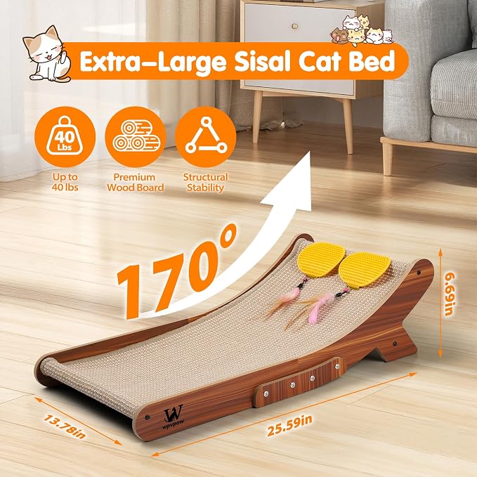 Sisal Cat Scratcher Bed, Natural Solid Wood Scratch Lounger, No Mess Scratching Chair Couch for Indoor Cats, 26 Inch Cat Scartching Pad, 3 in 1 Scratching Board, Furniture Protector - Image 2