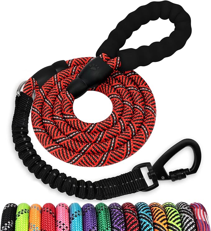 Rope Dog Leash 6 FT: Heavy Duty Leashes with Swivel Lockable Hook Reflective Threads Bungee and Padded Handle - Dog Lead for Large Small Medium Dogs Outside Walking Hiking Red Black by jenico
