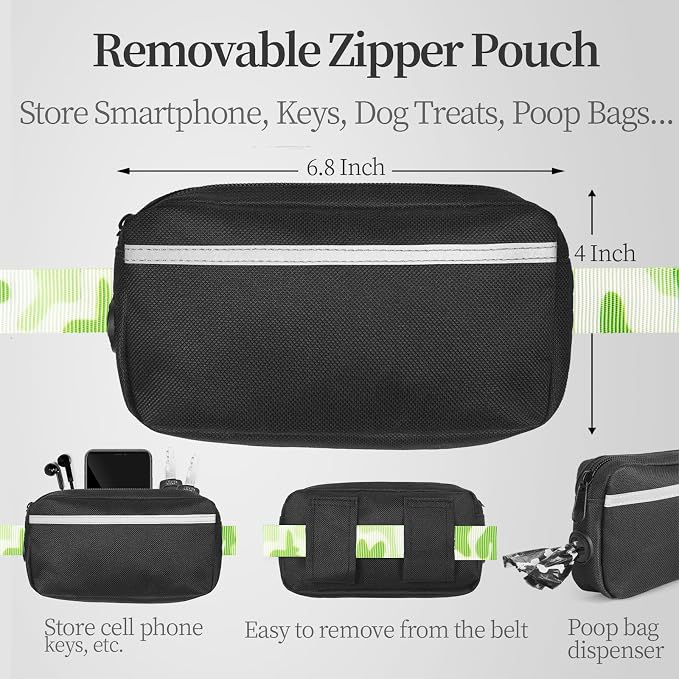 Hands Free Dog Leash with Zipper Pouch, White-Green Mix, Large | Waist Leash, Dual Padded Handles, Shock-Absorbing Bungee, Adjustable Waist Belt, Walking and Running - Image 2
