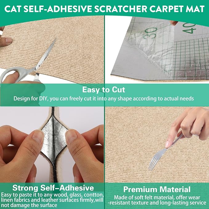Trimmable Cat Scratcher Mat, 39.4"x15.8" Self-Adhesive Cat Scratching Carpet Pad Replacement for Tree Shelves, Steps and Posts, DIY Cat Scratch Couch Furniture Protector - Image 3