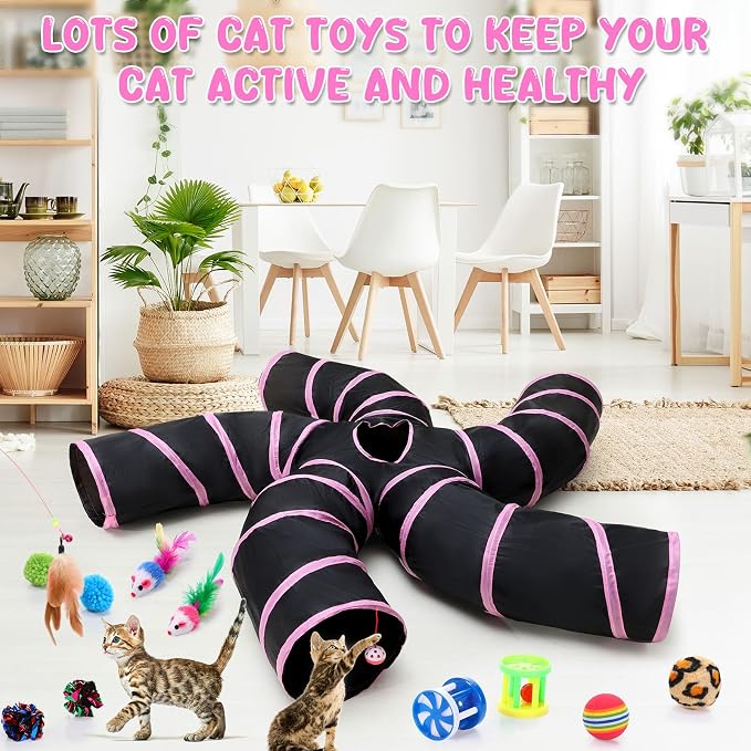 Poen 21 Pcs Cat Tunnel for Indoor Set Collapsible 5 Way Tubes with 20 Pcs Cat Kitten Toys Interactive Feather Toy Mouse Crinkle Balls Tube for Puppy Kitten Rabbit(Pink Black) - Image 3