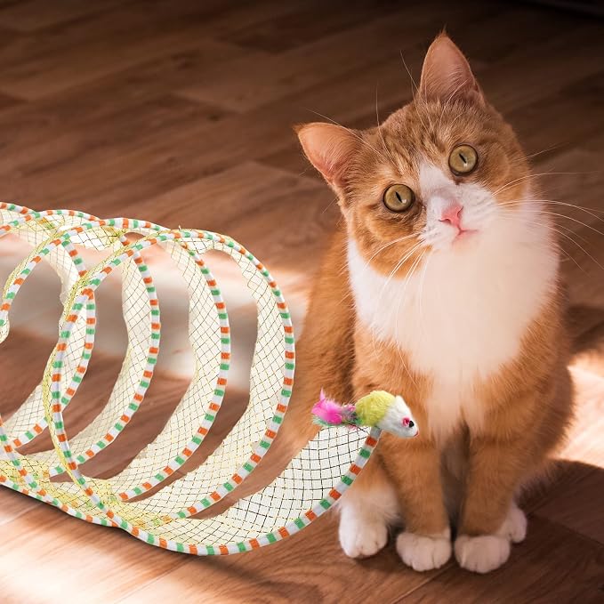 2pcs, Folded Cat Tunnel Spring, 10in Large Size Portable Cat Toy Spiral Tunnel, with Synthetic Feather and Toy Mouse Tunnel Spring Outdoor Puppy Kitten Generic (Striped Yellow, Purple) | with Synthetic Feather and Toy Mouse Tunnel Spring Outdoor Puppy ... - Image 3