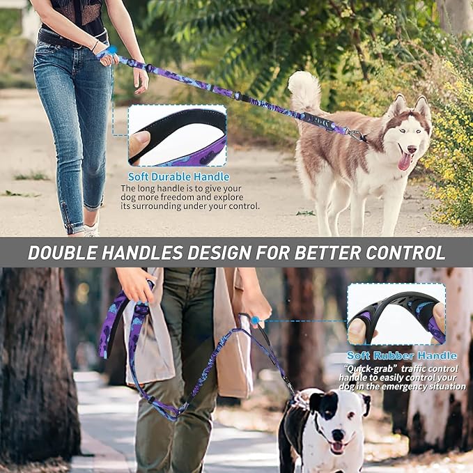 Hotsky Tactical Bungee Shock Absorbing No Pull Dog Leash,Purple Camo,4-6FT | Heavy Duty for Medium Large Dogs That Pull up to 660 lb,with Padded Double Handle ＆ Car Seatbelt,360°Rotating Locking Clasp - Image 7