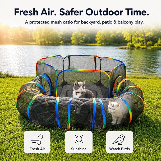 Portable Cat Enclosure - 2-in-1 Outdoor Catio with Tent & Tunnel, Foldable Playpen for Indoor Cats, Includes Storage Bag for Cats & Small Animals Rainbow Color - Image 2