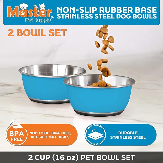 Master Pet Supply Stainless Steel Dog Bowls Set of 2 - True Blue - 16 Oz | Non-Slip Rubber Base, Basic Dog Food Bowl Water & Food Bowls for Small, Medium, Large Dogs & Cats Metal Dish - Image 2