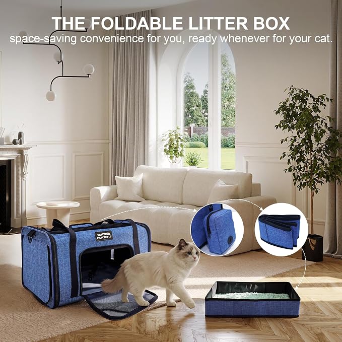 Soft-Sided Cat Carrier with Foldable Litter Box for Air Travel, Blue | A compact soft-sided carrier with a foldable litter box and organized storage for flights, car trips and hotel stays. - Image 3
