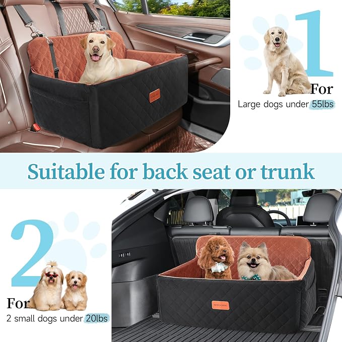 HEGGCOOE Dog Car Seat for Medium/Large Dogs, Pet Booster Seat for Under 55 lbs or 2 Small Dogs, Detachable & Washable Dog Car Bed for Backseat with 2 Safety Leashes(Black/Brown) - Image 5