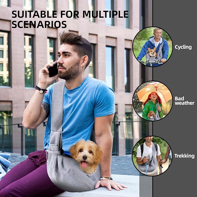Dog and Cats Carrier Sling, Puppy Small Pet Carrier with Storage Pocket | Reversible Dog Sling Carrier, Safety buckle, Storage Pocket, Machine Washable for Travel, Outdoor Activities, Hand-Free, Gray - Image 2