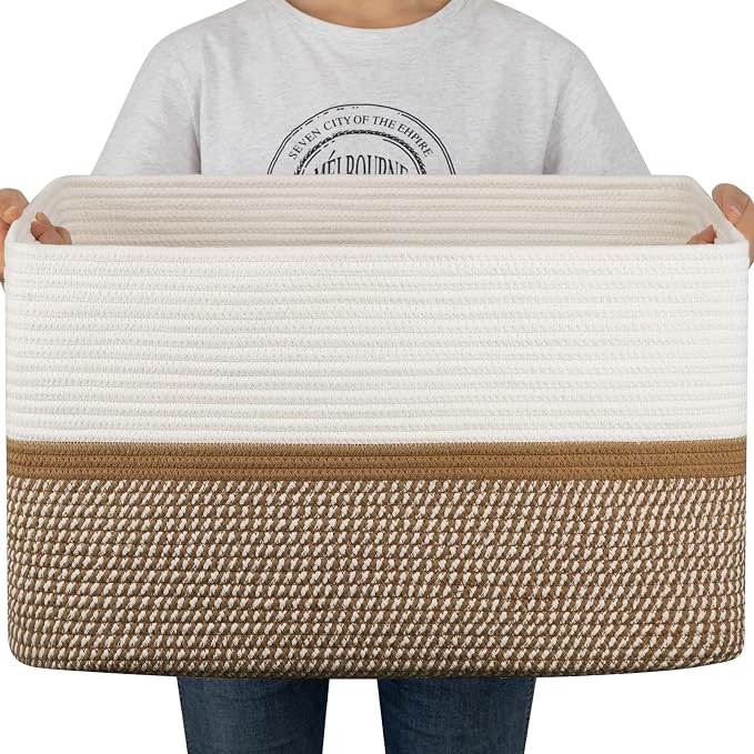 OIAHOMY Blanket Basket Laundry Basket Dog Toy Basket 75L Yellow/White | Large Storage Basket,Baby Basket,Toy Storage,Woven Rope Basket for Blankets,Blanket Storage for Living Room by MasterofSpaceOptimization