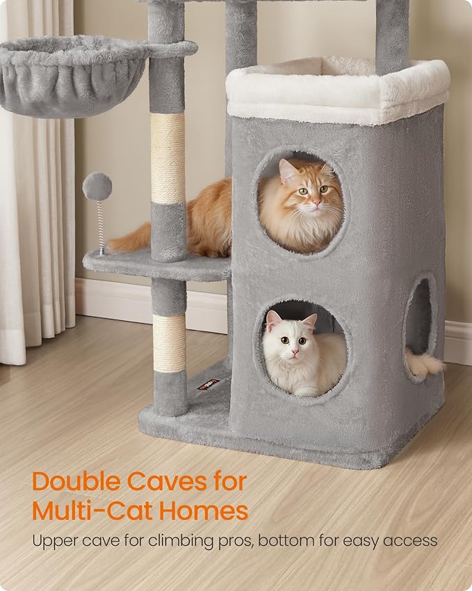 Feandrea Cat Tree Indoor, 60" Multiple-Level Plush Cat Tower, Dove Gray | 2 Caves, 3 Steps, 3 Scratching Posts, 3 Ball Toys, Cat Condo House for Large Adult Cats, UPCT007G01 - Image 3