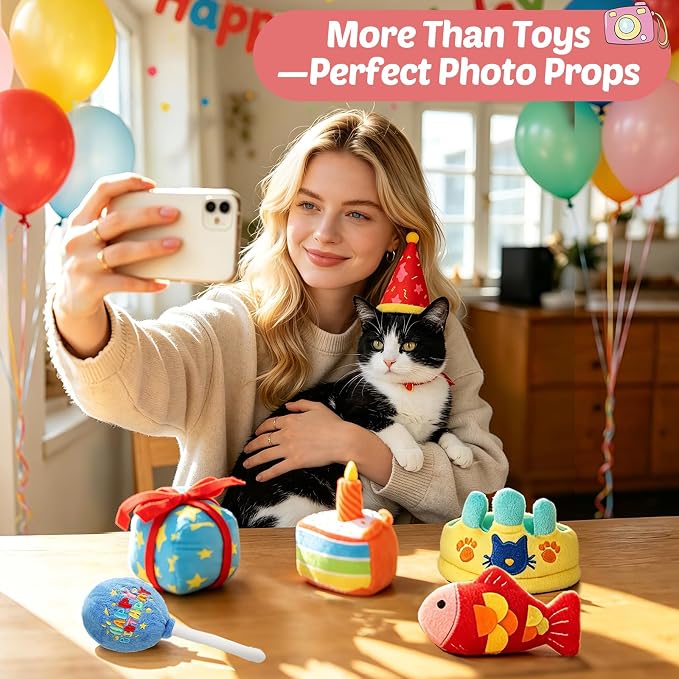 CiyvoLyeen Plush Birthday Catnip Toys for Indoor Cats 6 Pack | Interactive Birthday Cake Cat Chew Toys, Boredom Relief, Soft Durable Plush with Catnip, Funny Gift for Cat Lovers & Kitten - Image 5