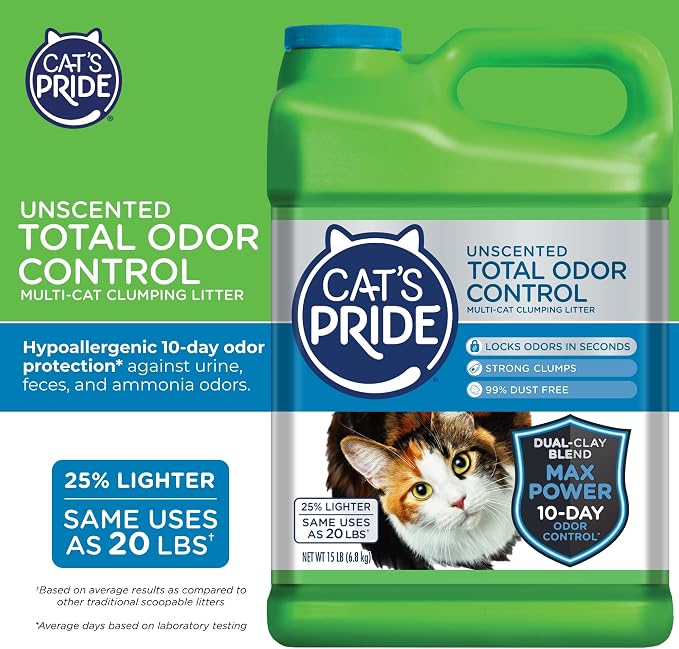 Cat's Pride Max Power: Total Odor Control - Up to 10 Days of Powerful Odor Control - Strong Clumping - Hypoallergenic - 99% Dust Free - Multi-Cat Litter, Unscented, 15 Pounds (Pack of 2) - Image 2