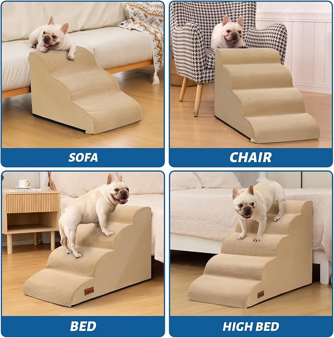Aodisman Dog Stairs for High Bed,5-Step Pet Ramp for Small Dogs and Cats | 22.2" H Dog Steps for Bed with High-Density Foam, Help Olders,Short-Legged Dogs,Puppy and Cats Get on Beds Easily,Grey,Khaki - Image 5
