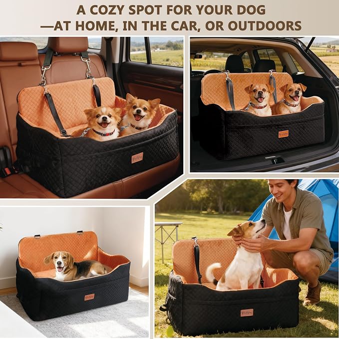 Vivifying Dog Car Seat for Back Seat, Booster Travel Bed for Medium Large Dogs or 2 Small Dogs, 4" Raised Foam Cushion, Safety Leash & Washable Cover, Soft Dog Booster Seat for Cars, Trucks & SUVs - Image 7