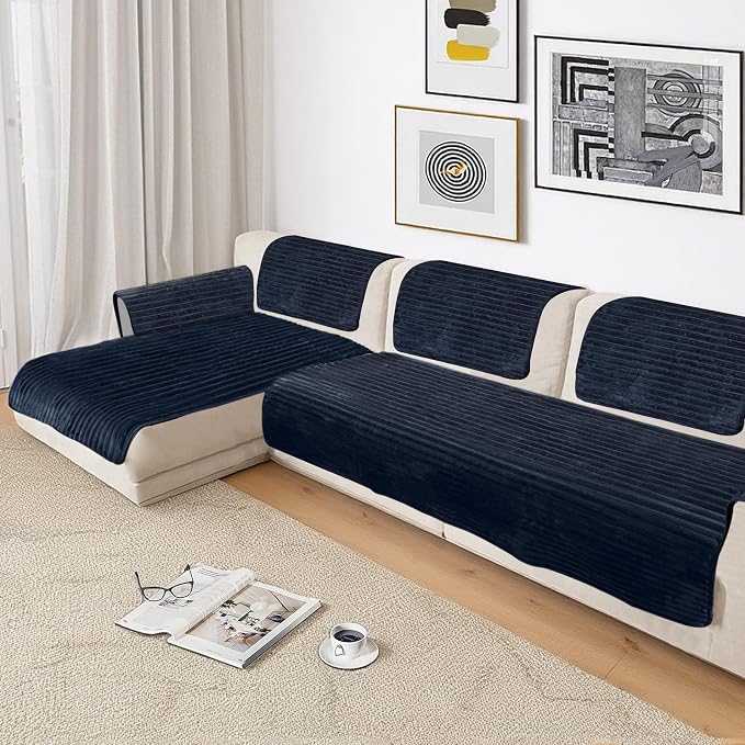 NAISI Couch Covers for Dogs Waterproof Flannel Striped Sofa Cover Pet Friendly Washable Dog Mat for Couch Anti Slip Sectional Sofa Slipcover Protector(2pcs/35"x63"+35"x70",Dark Navy) - Image 5