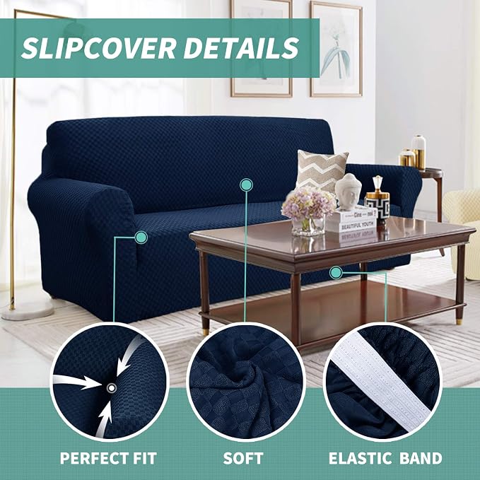 YEMYHOM Couch Cover Latest Jacquard Design High Stretch Sofa Covers for 2 Cushion Couch, Pet Dog Cat Proof Loveseat Slipcover Non Slip Magic Elastic Furniture Protector (Loveseat, Navy) - Image 3