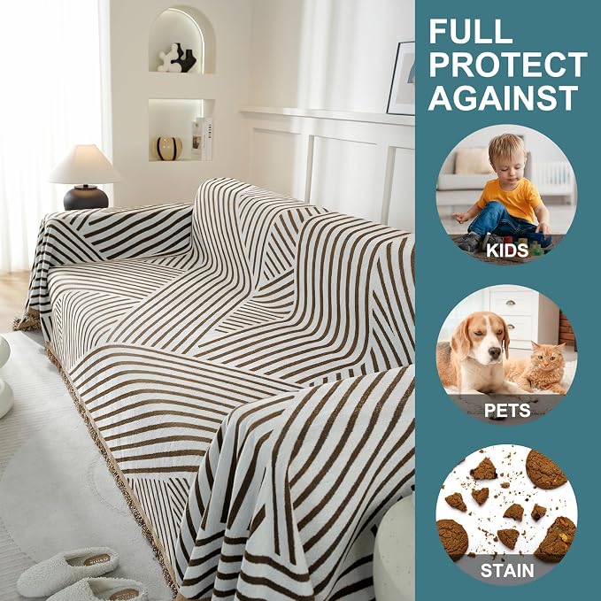 Couch Cover for Sofa, Boho Sofa Cover Washable Couch Cover for Dogs, Pet Sofa Cover for 3-Cushion Couches with Tassel Furniture Protector Cover,71" x 150",Dark Coffee-Line - Image 4