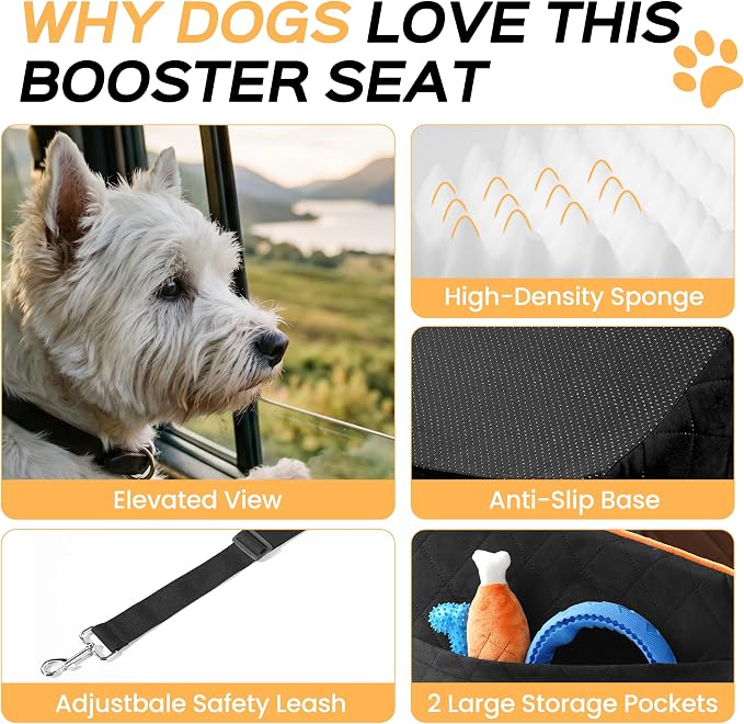 HiPetpy Dog Car Seat 6" Elevated Memory Foam Booster Seat for Small Medium Dogs Under 35 lbs with Pet Blanket, Washable Pet Car Seat with Safety Leash, Anti-Slip Base and Storage Pockets - Image 5