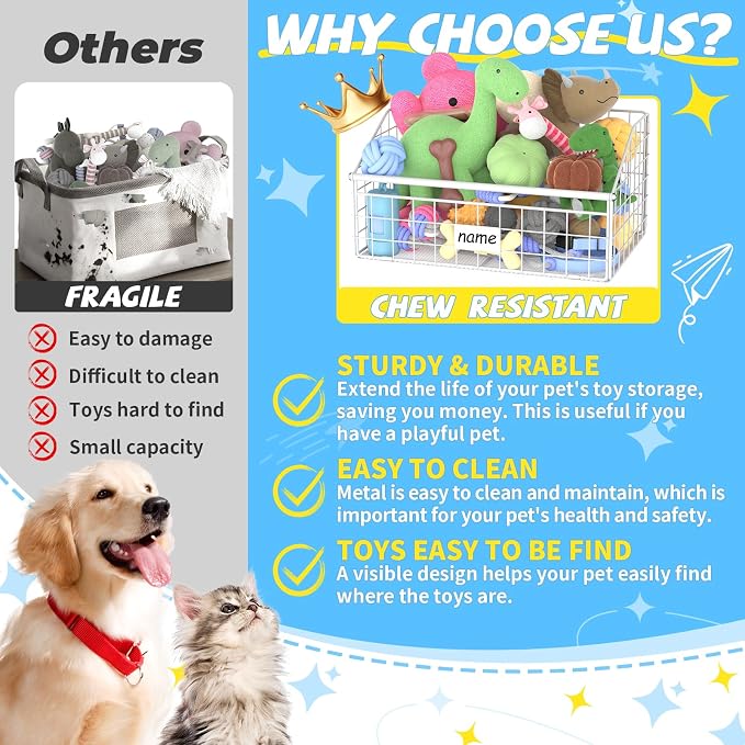 Kaiferty Indestructible Dog Toy basket, Small Toy Box for Dogs, Pet Toy Bin Dog Metal Basket for Toys, Dog Toy Storage, Dog Storage Organizer, Cat Dog Toy Box for Living Room Area (White) - Image 2