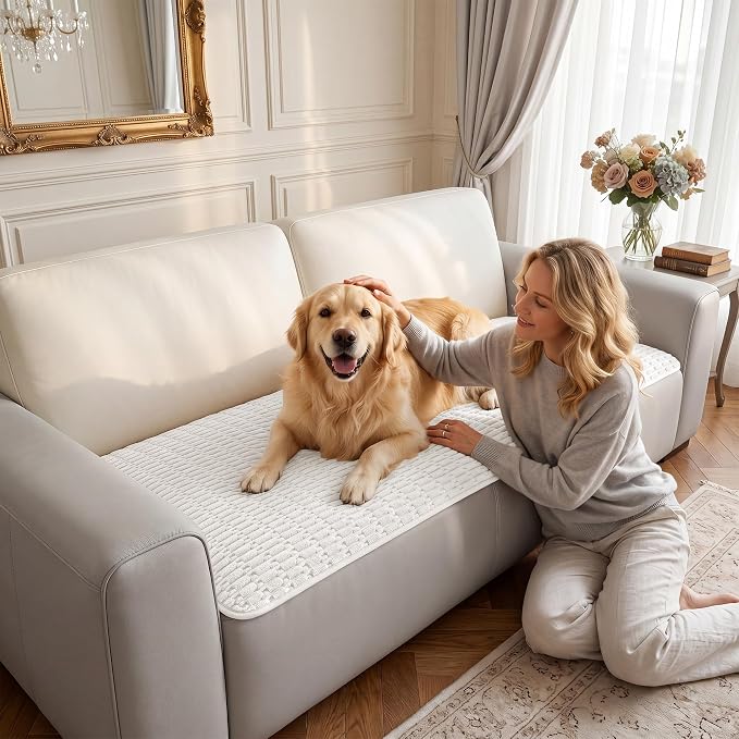 Foxdecor Couch Cover for Dogs Sofa Covers Non Slip Couch Pad Pet Friendly | Pet Couch Covers Washable Sofa Protector, Furniture Cover Couch Seat Protector for Living Room, Snow White 32x94 Inch - Image 2