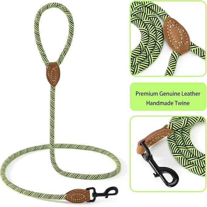Mile High Life Dog Leash with Genuine Leather-Wrapped Ends, 4/5/6FT | Tangle-Free 360° Swivel Clasp Heavy Duty Rope Leash | Small Medium Large Dogs | Daily Walking (Lime Green, 48 Inch, 1/2") - Image 4
