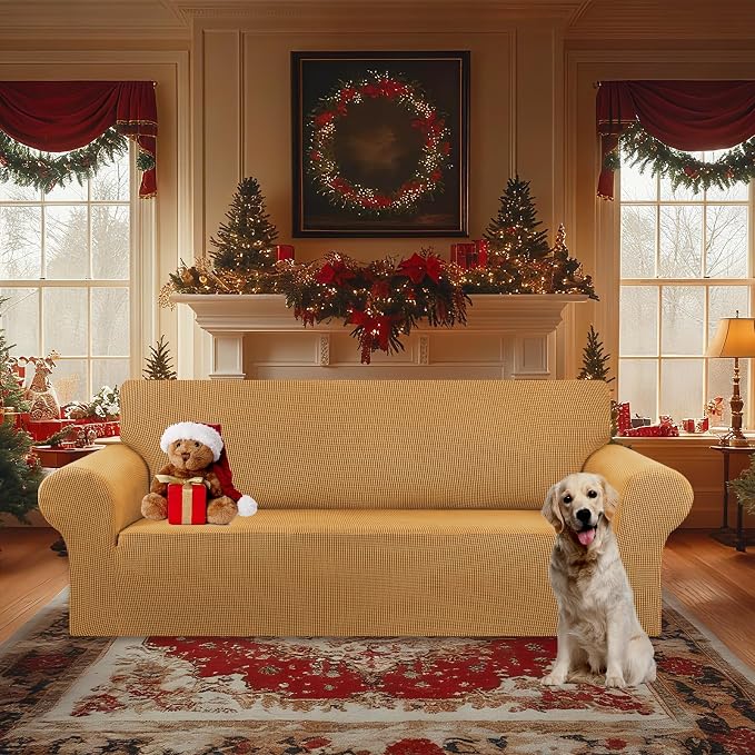 KEKUOU Stretch Oversized Couch Covers for Sofa Slipcover,Golden | 1-Piece Washable Sofa Cover (94"-110") 4-Seater Furniture Protector, Soft Jacquard Non-Slip Elastic Bottom for Dogs & Kids - Image 2