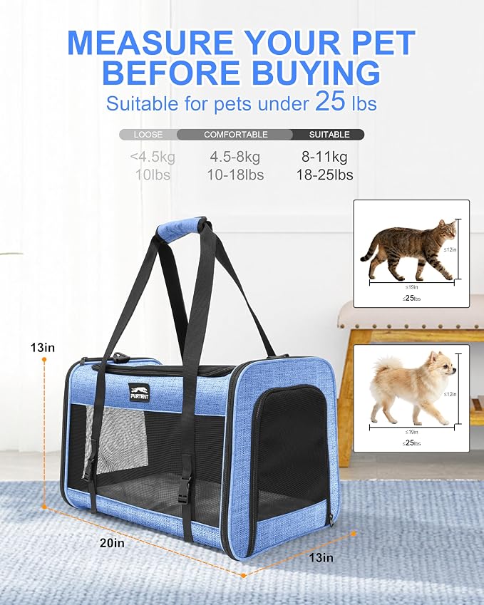 Soft-Sided Large Cat Carrier for 2 Cats, Spacious Foldable Pet Travel Carrier for Large Cats up to 25 Lbs, Double Cat Bag with Shoulder Strap, 20x13x13 Inch, Fits Maine Coon and Small Dogs, Blue | Spacious 20×13×13 in design with reinforced frame for o... - Image 9
