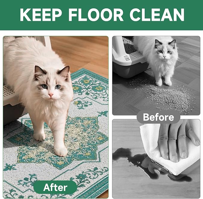 Cat Litter Mat, 35" x 23" Litter Box mat, Traps 100% Litter, Non-Slip Kitty Litter Trapping mats, Large Cute Litter mat, Easy Clean for Scatter Control, Bohe cat Food mat, Urine Waterproof - Image 3