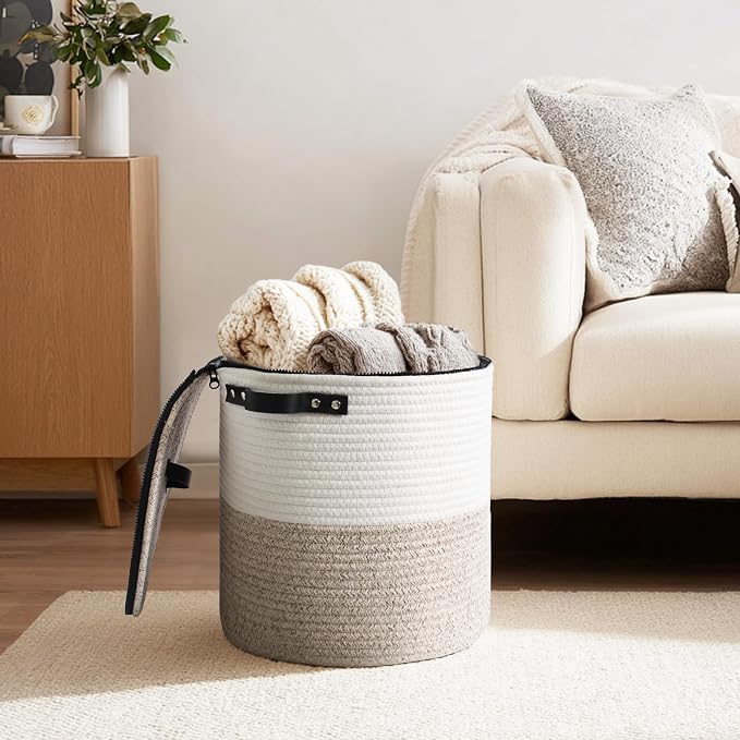 Storage Basket with Lid, 15"x13" Round Woven Blanket Storage for Living Room, Decorative Cotton Rope Hamper with Zipper Top, Wicker Basket with Lid, Floor Covered Kids Dog Toy Bin - Image 3