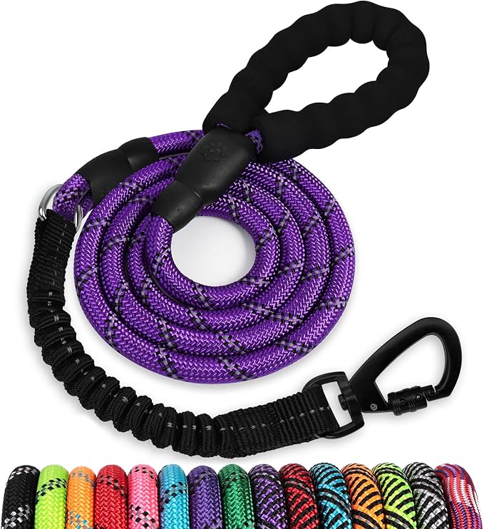 Rope Dog Leash 6 FT: Heavy Duty Leashes with Swivel Lockable Hook Reflective Threads Bungee and Padded Handle - Dog Lead for Large Small Medium Dogs Outside Walking Hiking Purple by jenico