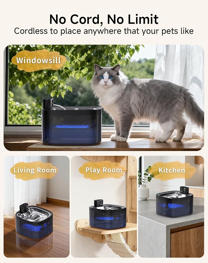 Cat Water Fountain Cordless: Battery Operated 118oz/3.5L Pet Water Fountain for Cats Indoor with Motion Sensor, Stainless Steel Tray, Ultra Quiet, Easy-to-Clean, Gifts for Cats, Dogs (8Filters) - Image 6