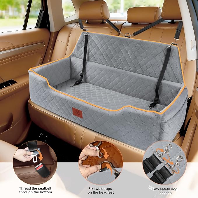 XIEEAOZEE Large Dog Car Seat for Pets Under 100 lbs, Backseat Dog Car Bed | Washable Pet Booster Seat for 2 Medium Dogs, Pet Travel Seat with Storage Pockets, Safety Belts - Image 3