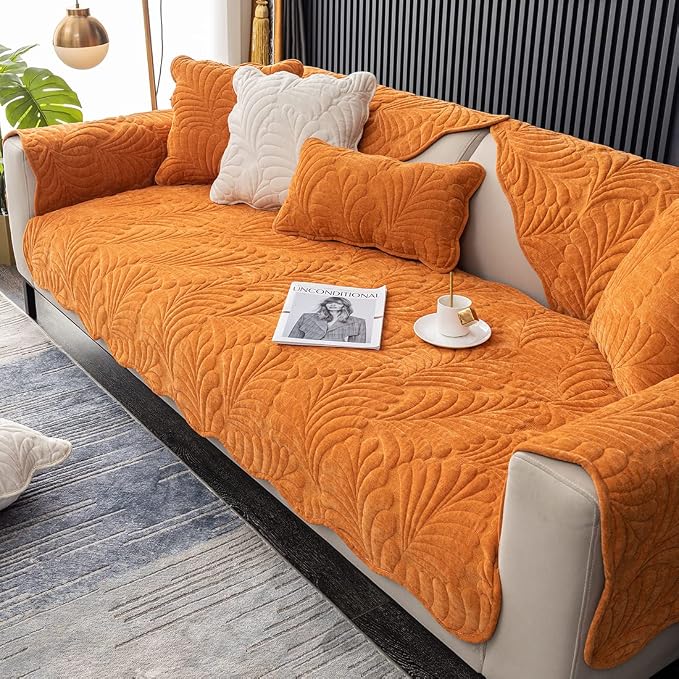 Couch Covers Plush Quilted Sofa Covers for Sectional Sofa Washable | Palm Leaves Couch Cover Chenille Non Slip Sofa Covers Soft Sofa Slipcover Furniture Protector for Pets Kids Children Dogs Cat - Image 3