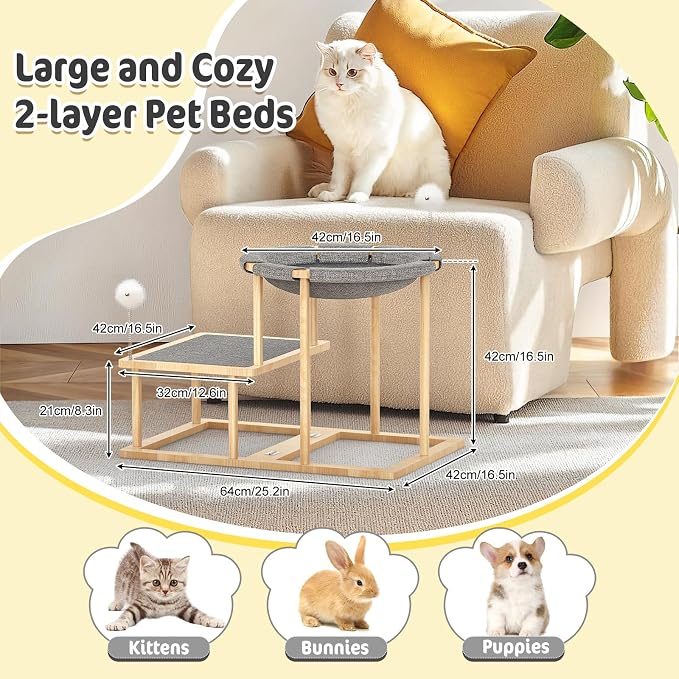 Pawaboo Elevated Cat Hammock Bed, 2-Tier Cats Bed with 2 Teasers | Wooden Cats Furniture with Kitten Scratching Mat, Double Cat Beds Interactive Stair Shaped Pet Hammock for Indoor Climbing - Image 2