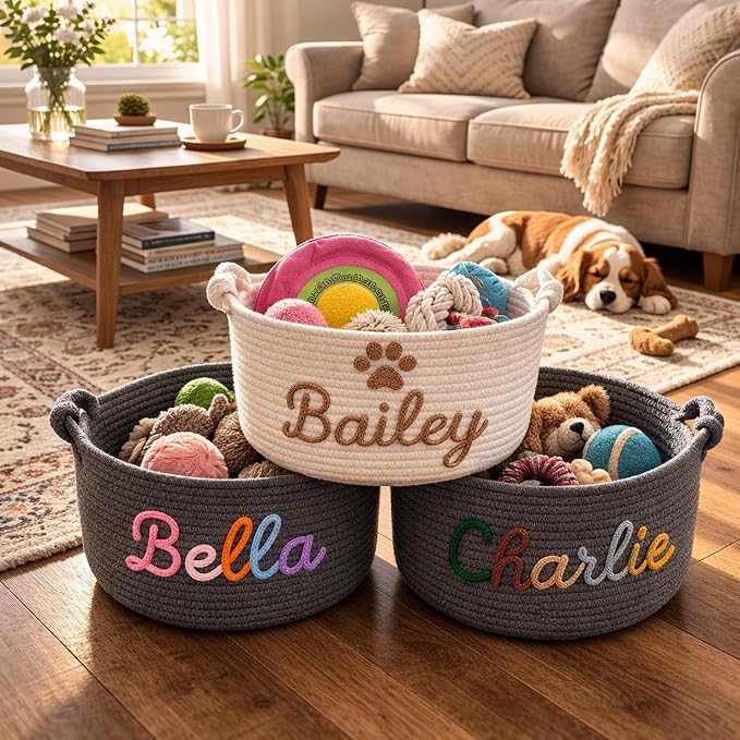 MBBEST Personalized Dog Toy Basket with Name, Cute Custom Dog Toy Storage Bin for Dogs & Cats, Handmade Cotton Rope Dog Toy Box Organizer for Toys, Treats & Blankets, Unique Gift for Pet Lovers - Image 3