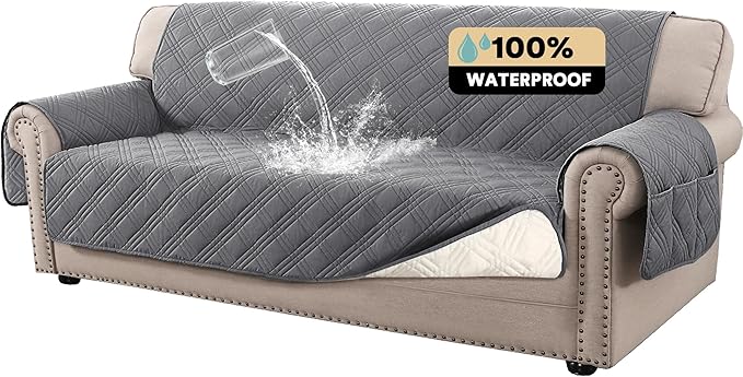 PrinceDeco 100% Waterproof Couch Cover for 3 Cushion Couch Sofa Pet Friendly Non-Slip Couch Cover for Dogs Washable Water Resistant Furniture Protector with Elastic Straps(Sofa 68", Grey) by PrinceDeco