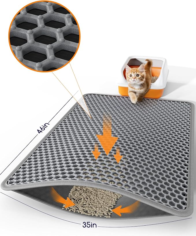 Powools Cat Litter Mat, Double-Layer, 46 x 35 in, Urine-Proof, Grey | Non-Slip Litter Trapping Mat, Easy to Clean, Kitty Litter Mats for Floor, Scatter Control, Waterproof Litter Box Mat for Cats - Image 7
