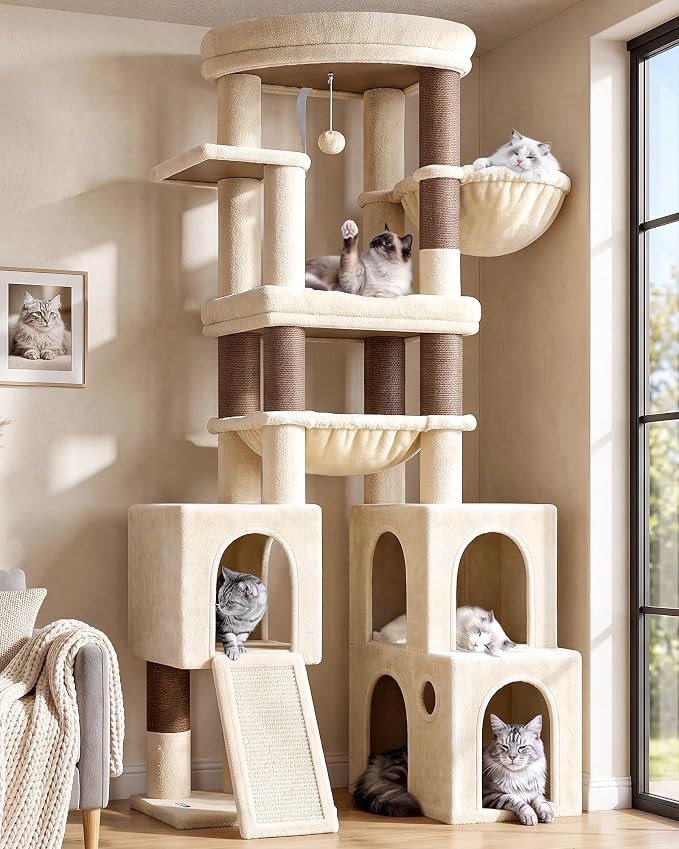 Globlazer Tall Cat Tower for Indoor Adult Cats, 72-inch, S72G, Beige | Heavy Duty Cat Tree House for Big Cats with 2 Extra-Large Padded Platform, 7 Sisal Scratching Posts, 3 Large Condos by Globlazer