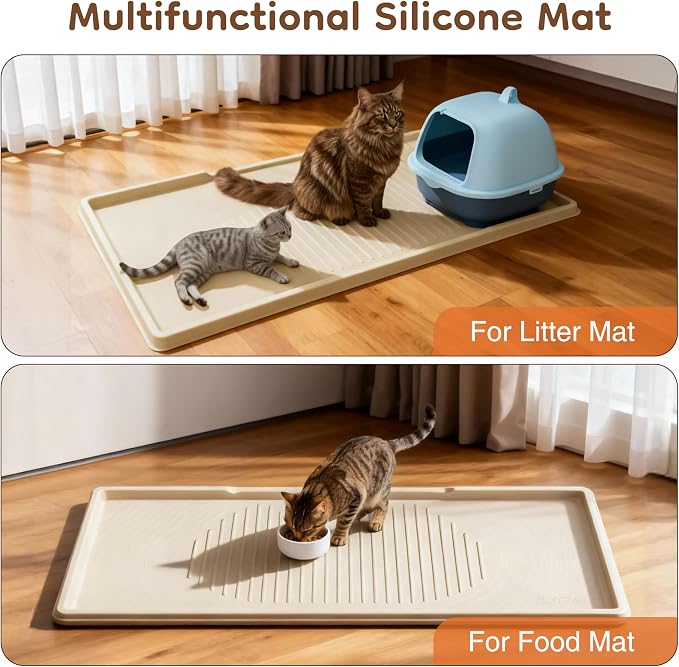 ISSEVE XXL Cat Litter Mat, Extra Large Silicone Litter Box Mat, Beige | 54" x 27.5" XXL, 1.38" Raised Edge, Urine Proof, Litter Trapping Mat for Scatter Control, Soft on Kitty Paws, Protect Floor - Image 2