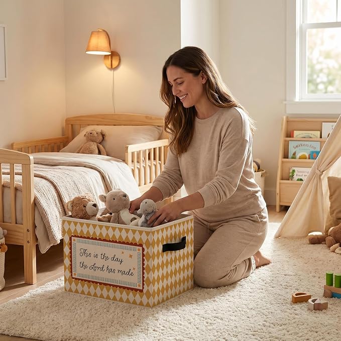 Christian Warm Storage Bins Box, Farmhouse Collapsible Organizer Basket | religious faith storage box basket for books clothes, cream gingham organizer for nursery bedroom playroom, 10x14 in - Image 2