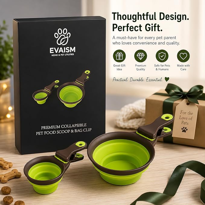 Collapsible Dog Bowls (2 Pack) - Portable Silicone Pet Food Scoop & Measuring Cups with Bag Clip, Travel Dog Feeding Bowl Set with Premium Gift Box, Green - Image 6