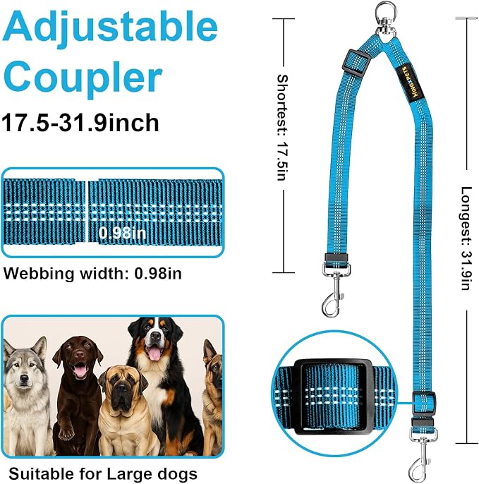 MingXpet Double Dog Leash for Two Dogs, No Pull Dog Leash, 360° Swivel No Tangle for Large Dogs Walking & Training, Shock Absorbing Reflective Bungee, Blue - Image 2