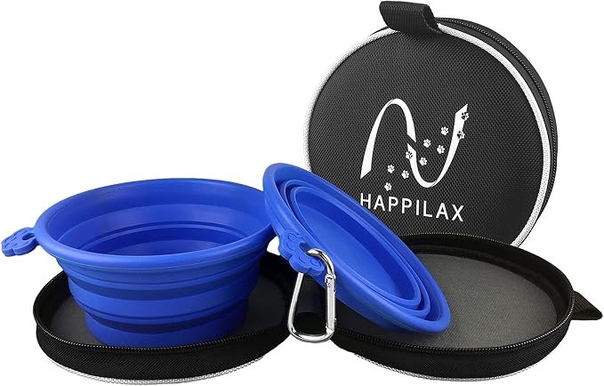 Travel Dog Bowl Set - 2 Foldable Silicone Food and Water Bowls with Carabiners and Bag - Collapsible Feeding Bowls for Wet and Dry Food - 680ml Capacity - Available in Black and Blue by Happilax