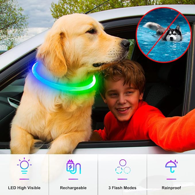 Light Up Dog Collar, USB Rechargeable, LED, Green+Blue | Cuttable TPU, Waterproof, Night Walking, Night Safety, Glow in the Dark, Small Medium Large Dogs, Camping, Outdoor - Image 2