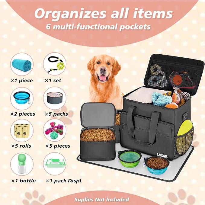Dog Travel Bag, Large Pet Travel Set with Multi-Function Pockets | 2 Food Storage Containers, 2 Collapsible Bowls, 1 Feeding Mat for Pet Supplies, Road Trip Essentials, Weekend Camping, Black - Image 7