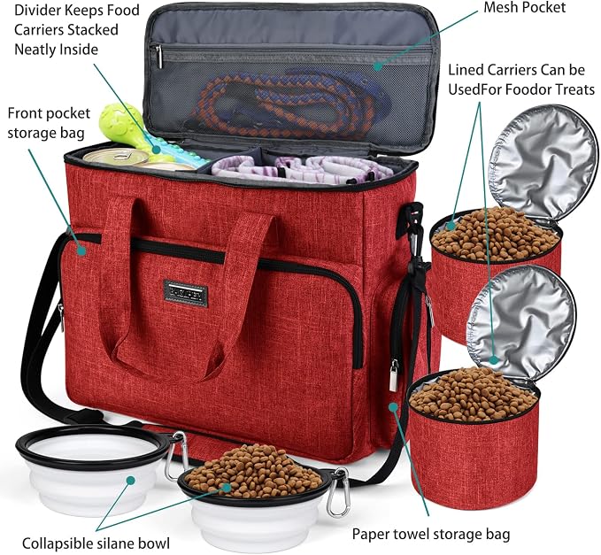 BAGLHER Dog Travel Bag, Pet Travel Bag (ALL Pet Travel Supplies), With 2 Pet Food Containers and 2 Collapsible Silicone Bowls; Essential Kits for Pet Travel Red - Image 5